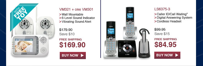 VM321 + one VM301 - Wall Mountable - 6-Level Sound Indicator - Vibrating Sound Alert - WAS $179.90, NOW $169.90 (SAVE $10) - FREE SHIPPING | LS6375-3 - Caller ID/Call Waiting* - Digital Answering System - Cordless Headset - WAS $99.95, NOW $84.95 (SAVE $15) - FREE SHIPPING